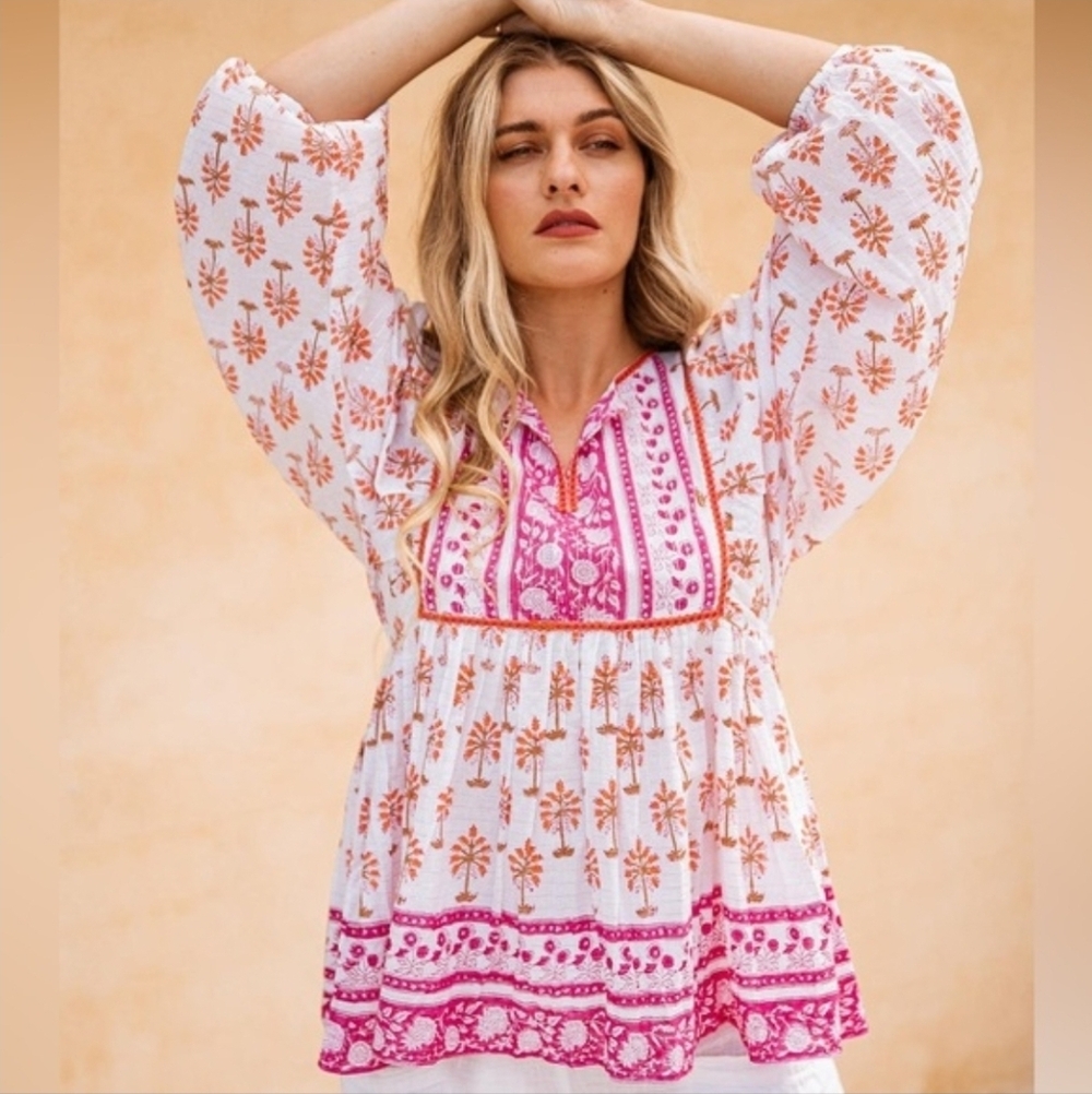 ❤️ AZURE SAFFRON BLOUSE, BARBADOS ORANGE BOHO BABYDOLL TOP, SMALL